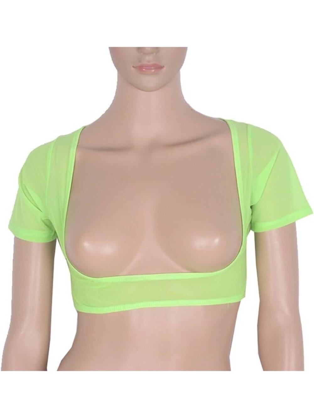 〽️Women's Light Green Mesh Open Bust Short Sleeve Spandex Belly Dance Crop Top